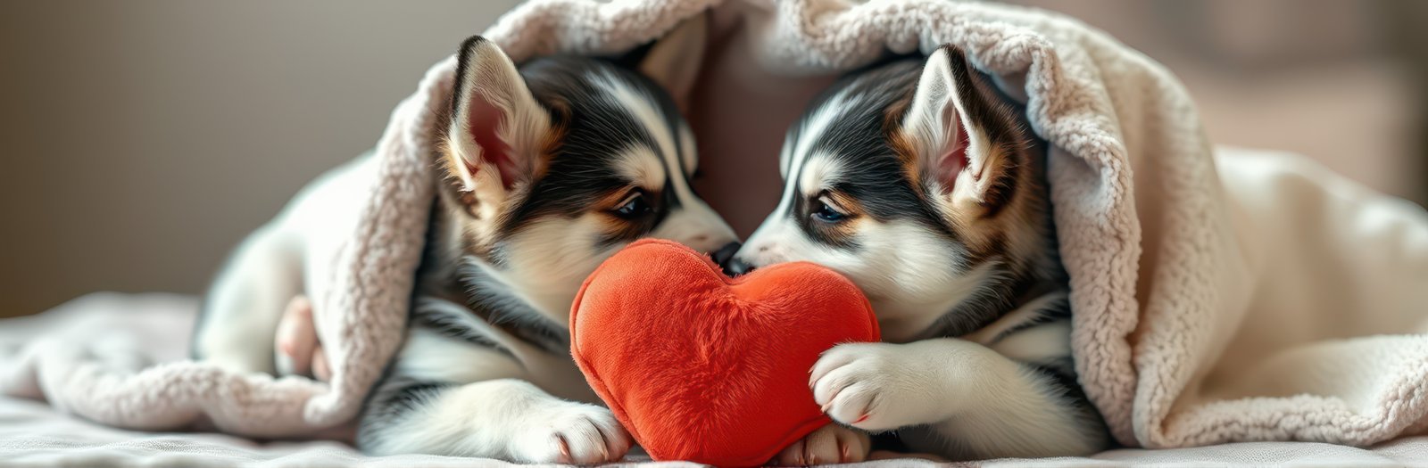 Two adorable puppies snuggling under a blanket while playfully sharing a heart-shaped toy indoors